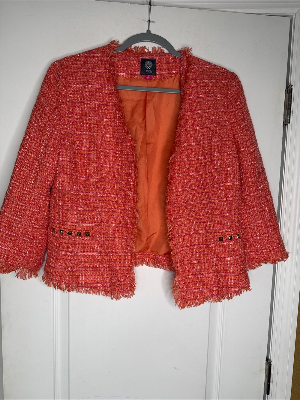 Vince Camuto Orange/Pink Tweed Fringe Open Front Blazer  Jacket. 12P